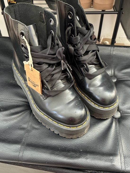 Dr. Martens Shoes - Dr. Martens Black Patent Platform Lace-Up Boots with Yellow Stitching